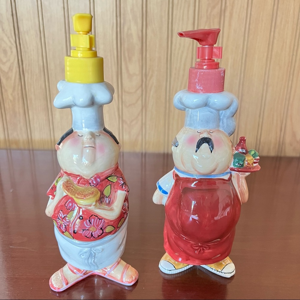 Ceramic Ketchup & Mustard Set Chef 9" And 10” Tall CIC Tracy Flickinger
